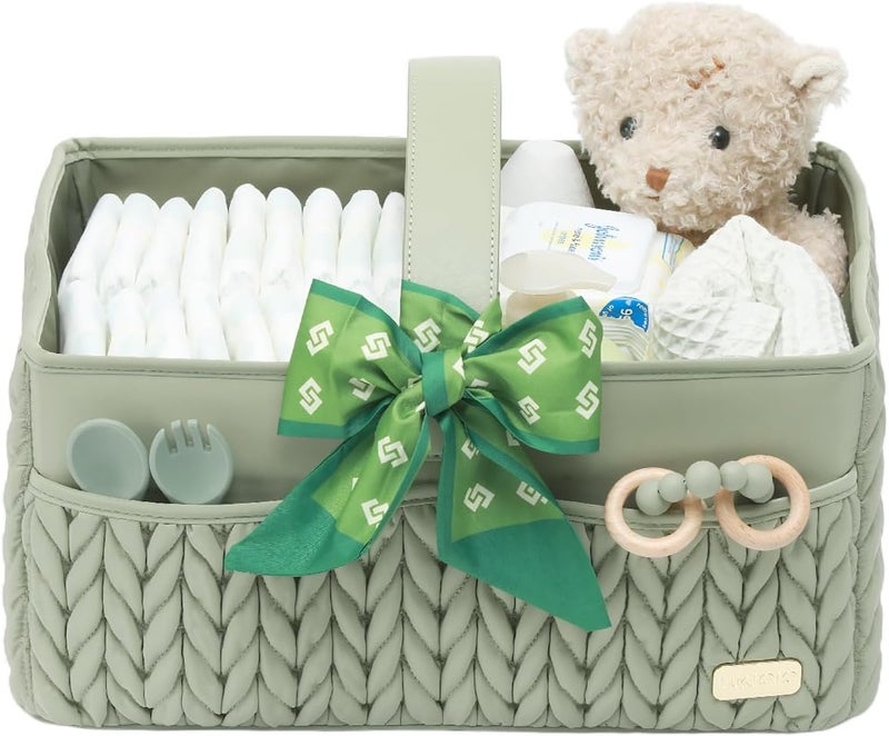 LUKJOJO Luxurious Baby Diaper Caddy, Nursery Storage Basket for Newborn Essentials, Travel Baby Basket for Diapers Baby Wipes, Organizer Tote Bag Storage Bin, Baby Shower Gifts(Sage Green) - Image 1